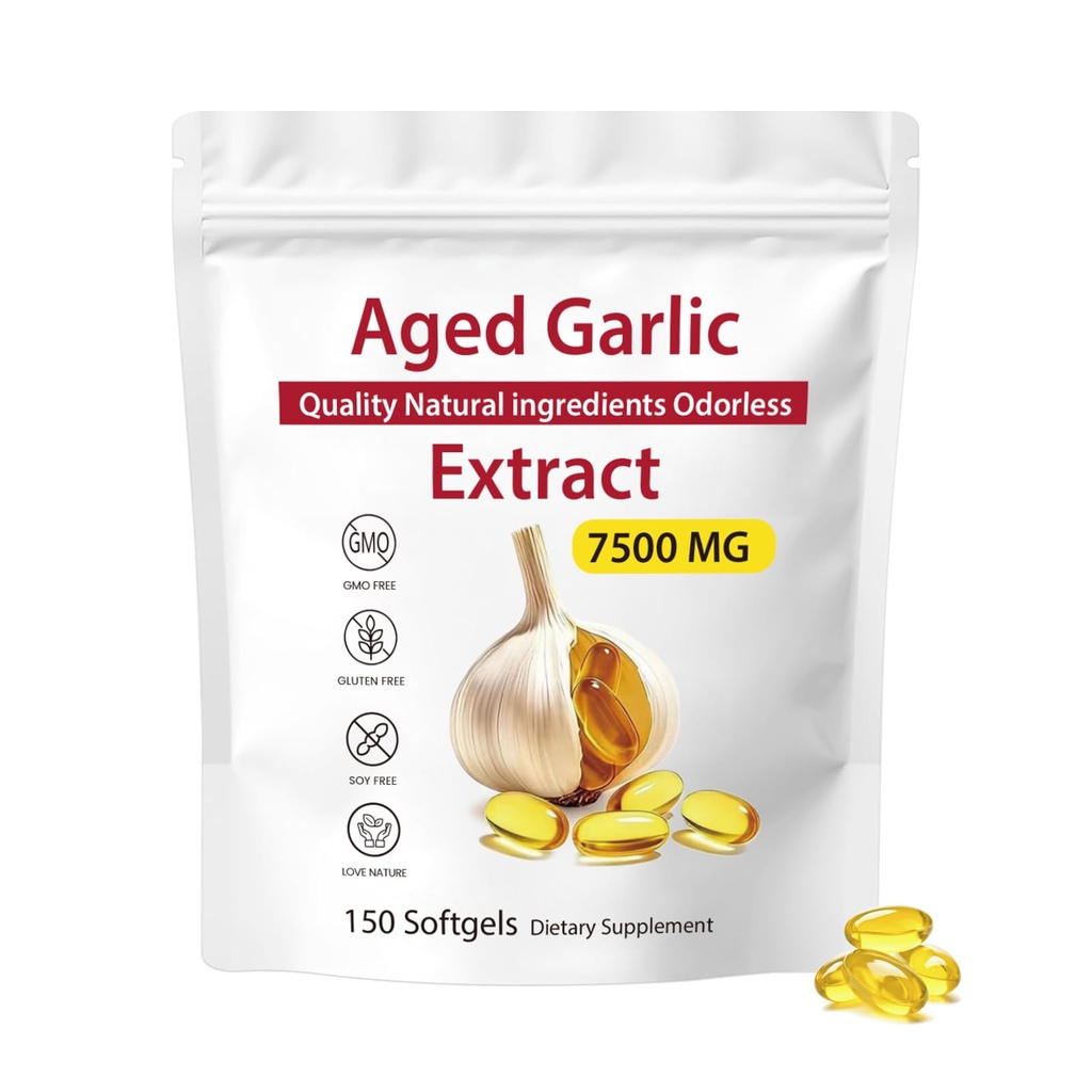 Aged Garlic Extract - Odorless Garlic 15:1 Extract Formula, 7500mg Organic Garlic Extract Capsules | Heart & Immune Antioxidant Supplements, Vegetarian, All-Natural, Non-GMO, Gluten-Free, 150 Softgels