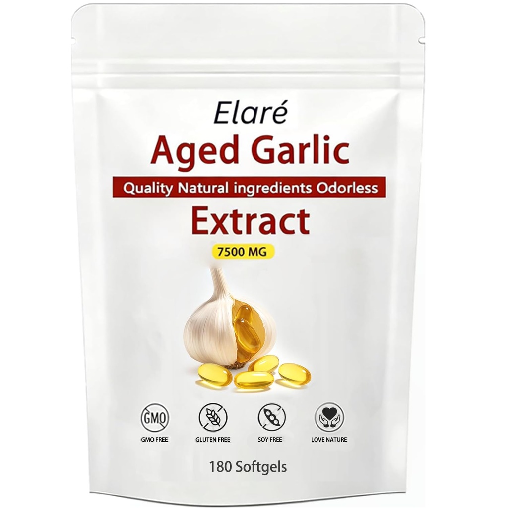 NuvaPure Aged Garlic Extract - 7500mg Odorless, Organic Garlic Extract Capsules | Non-GMO, Gluten-Free | 180 Softgels