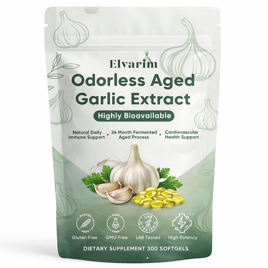 Elvarim Aged Garlic Extract - 300 Softgels, Odorless Garlic Supplement, 2-Year Matured, Supports Heart Health, Immune System & Antioxidant Wellness, Vegetarian, Non-GMO, All-Natural, Gluten-Free