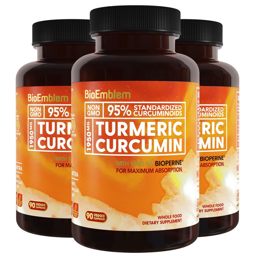 BioEmblem Turmeric Curcumin Supplement with BioPerine | Joint Support & Heart Health | with Organic Turmeric Powder & 95% Curcuminoids Extract | California Made, Non-GMO, 90-Day Supply