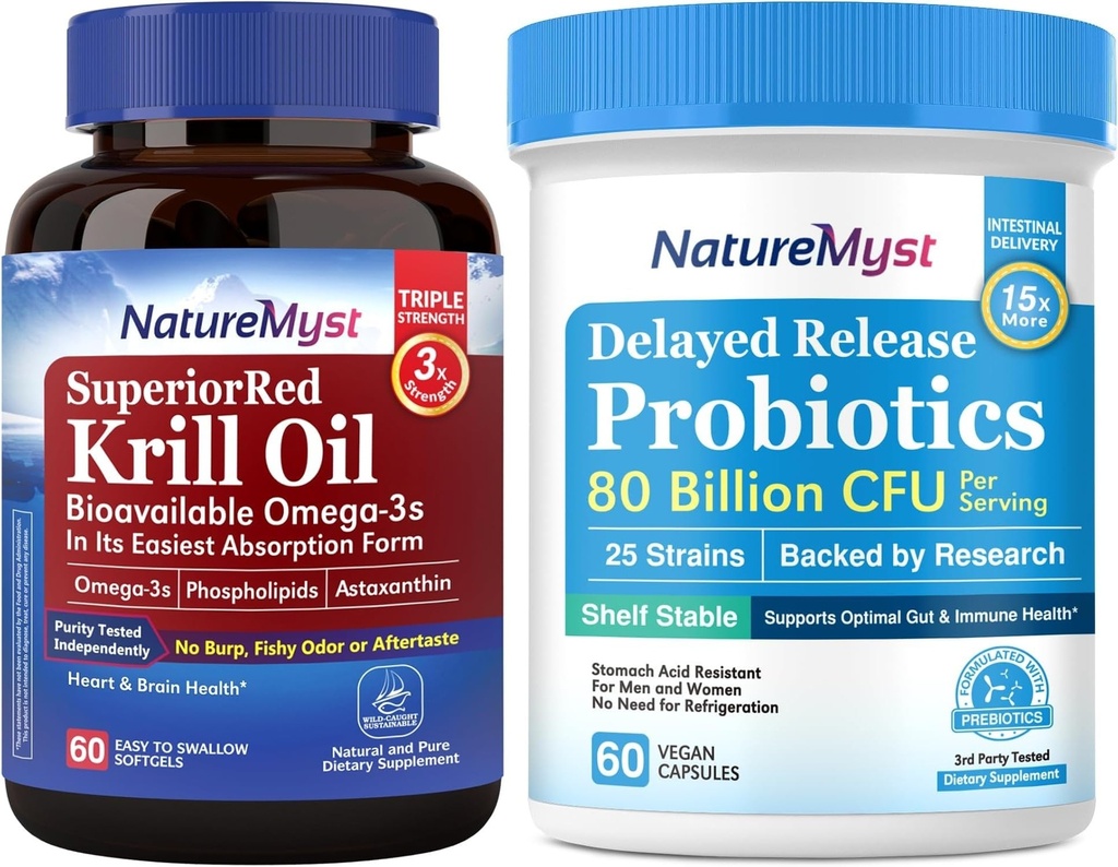 Krill Oil 1000mg and Probiotics Bundle, Omega 3s with DHA EPA & Astaxanthin, Plus 80 Billion CFU 25 Strains, Gut, Heart & Immune Function, Non-GMO, Made in USA, 60 Softgels + 60 Capsules