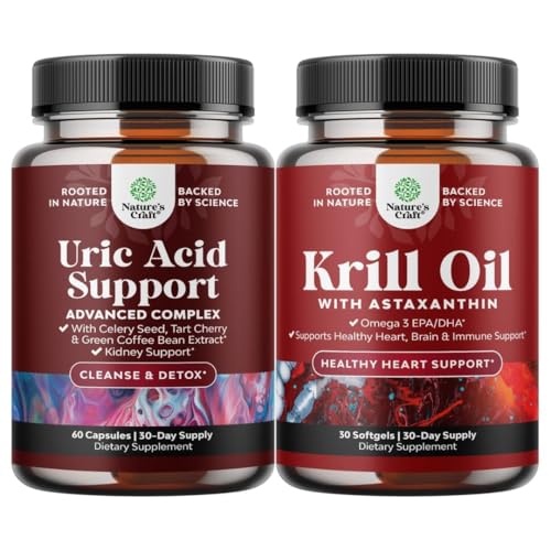 Bundle of Herbal Uric Acid Cleanse and Detox and Antarctic Krill Oil Softgels - Essential Daily Kidney Cleanse and Uric Acid Support - High Absorption Krill Oil Omega 3 Fatty Acid Supplement