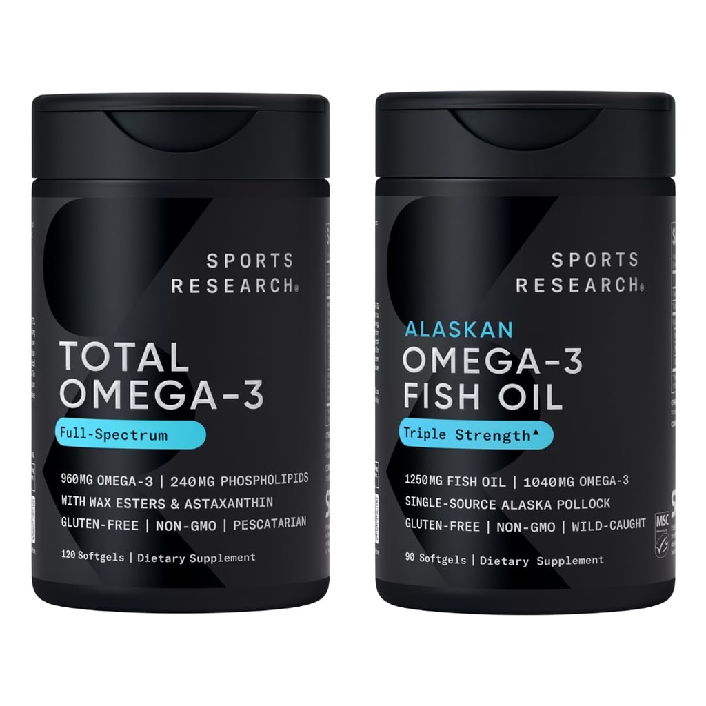 Sports Research® Omega-3 Fish Oil Bundle - Total Omega-3 2200mg (Krill, Salmon & Pollock) + Triple Strength Fish Oil 1250mg - High EPA & DHA Supplement
