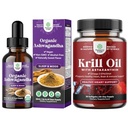 Bundle of USDA Organic Ashwagandha Liquid Drops - Ashwagandha Root Extract for Stress & Mood Support and Krill Omega 3 Fish Oil Softgels 500mg - Krill EPA & DHA for Heart Health - Burpless Fatty Acids