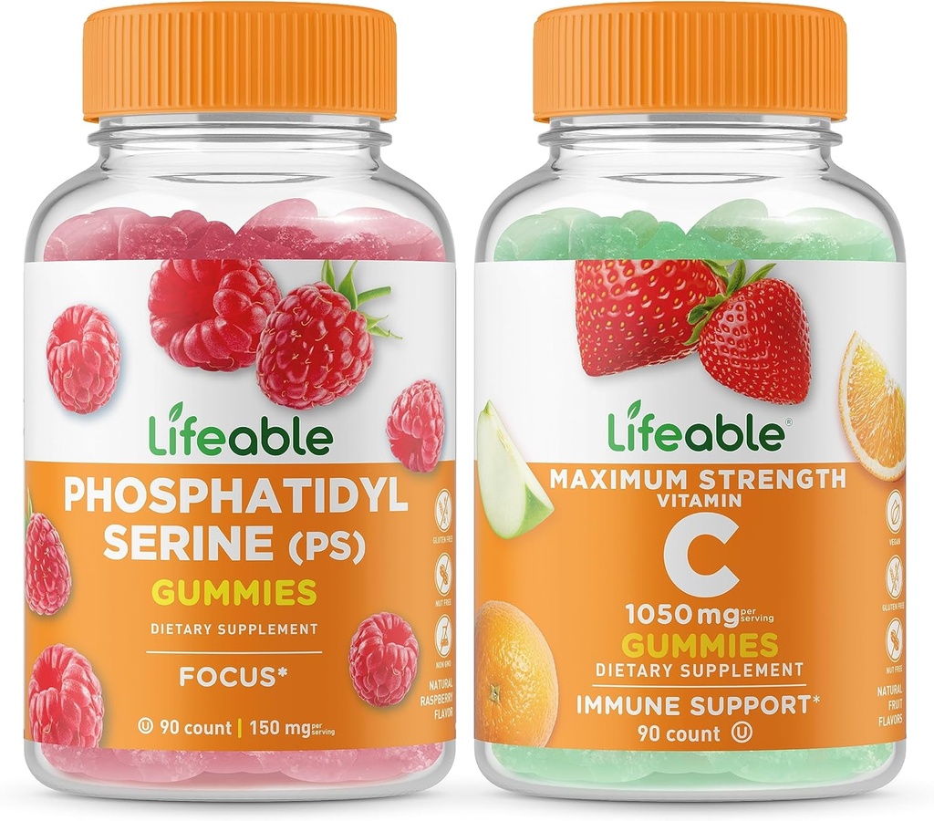 Φωσφατιδυλσερίνη (PS) + Βιταμίνη C 1050mg, Gummys Bundle - Μεγάλη γεύση, συμπλήρωμα βιταμίνης, χωρίς γλουτένη, GMO δωρεάν, Μασώμενο Gummy