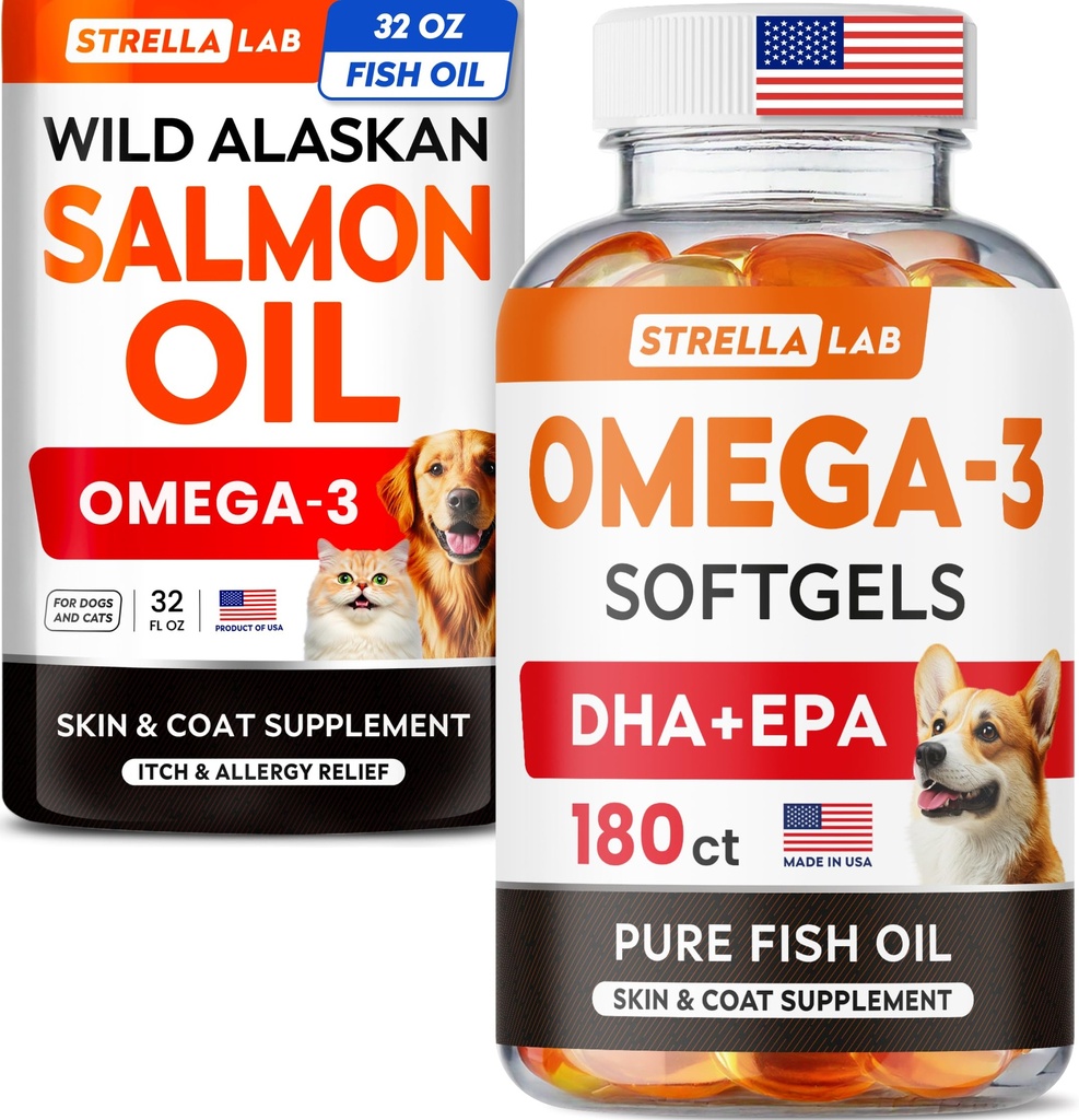 STRELLALAB Salmon Oil + Fish Oil Pills Bundle – Omega 3 for Skin, Coat & Itch Relief + Joint, Brain & Heart Support – EPA & DHA Fatty Acids – 32 Fl Oz Liquid + 180 Softgels – Made in USA