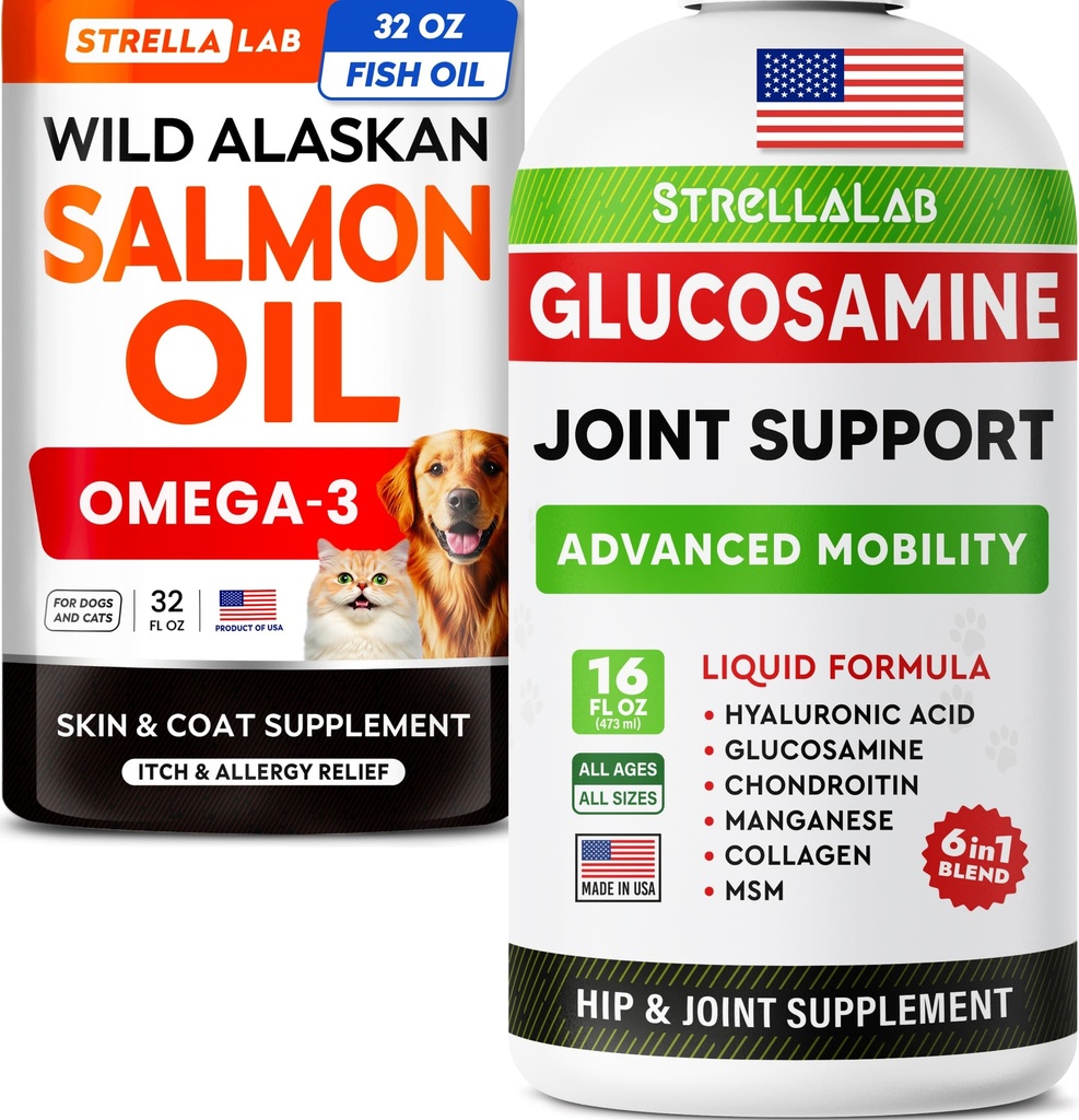 STRELLALAB Salmon Oil + Liquid Glucosamine Bundle – Omega 3 for Skin, Coat & Itch Relief + Hip & Joint Mobility Support – EPA+DHA, Glucosamine, MSM & Collagen – 32 Fl Oz + 16 Fl Oz – Made in USA