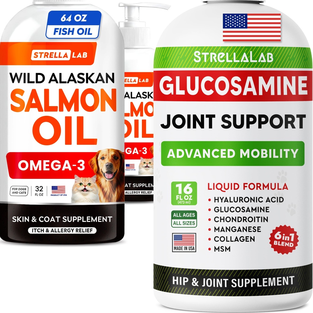 STRELLALAB Salmon Oil 64 Oz (2-Pack) + Liquid Glucosamine 16 Oz Bundle – Omega 3 for Skin & Coat + Glucosamine, MSM & Collagen for Hip & Joint Mobility – EPA & DHA – Made in USA