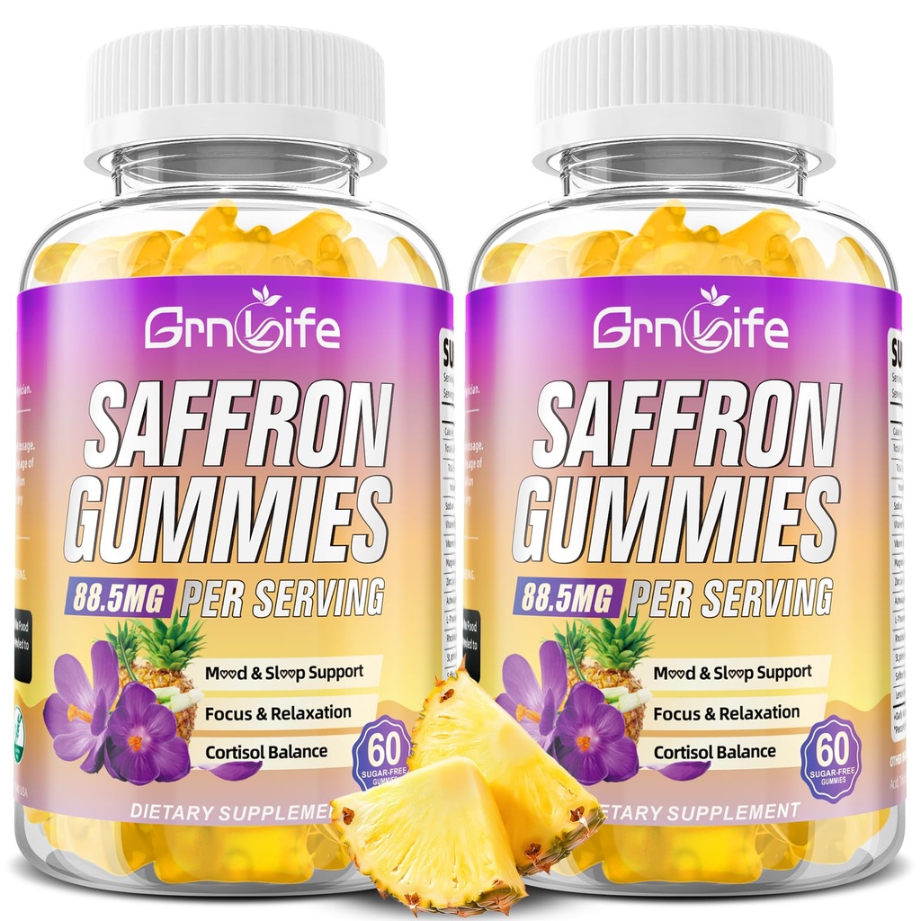 2 Pack Saffron Gummies for Kids & Adults, 10-in-1 Saffron Supplements with 88.5mg Saffron Extract Support Calm Mind & Focus & Zzz, Sugar Free, Pineapple Flavor, 120 Count