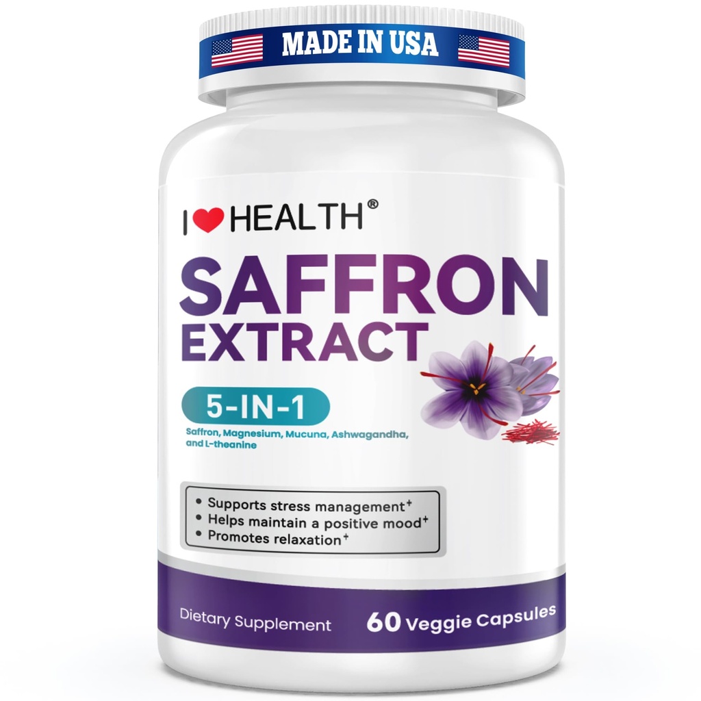 Saffron Supplement – 88.5mg with Magnesium Glycinate, Ashwagandha & L-Theanine for Stress Relief, Calm Mood & Emotional Balance – Made in USA – 60 Capsules