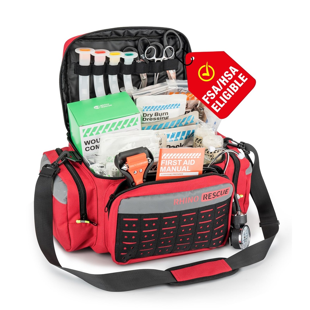 RHINO RESCUE First Responder First Aid Kit Fully-Stocked EMT Bag (Red, 25L) | Professional EMT/EMS Trauma Medical Kit, Molle System & Reflective Stripe, 300+ First Aid Supplies, Suits for Business, Home