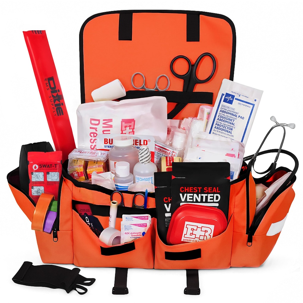 Fully Stocked EMT Trauma Bag – Tactical First Responder Medical Kit with Tourniquet, Chest Seals, Bleeding Control, Gauze, Shears & Bandages – Orange