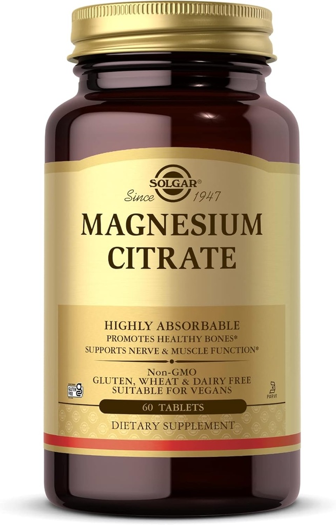 Solgar Magnesium Citrate - 60 δισκία - Προάγει υγιή οστά, υποστηρίζει νευρική & μυϊκή λειτουργία - Εξαιρετικά απορροφήσιμο - μη-GMO, Vegan, χωρίς γλουτένη, Kosher - 30 εξυπηρετεί