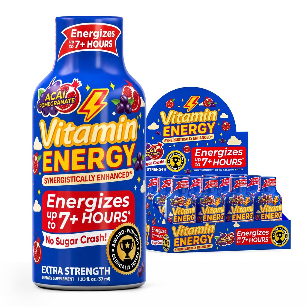 Vitamin Energy B12 11,000% Extra Strength Energy Shot Açai Ρόδι 12 Pack, 260mg Φυσική καφεΐνη, B12 & B6, Nootropic Focus, Vitality, Zero Sugar, Gluten-free, Vegan, Kosher, 1.93 fl oz