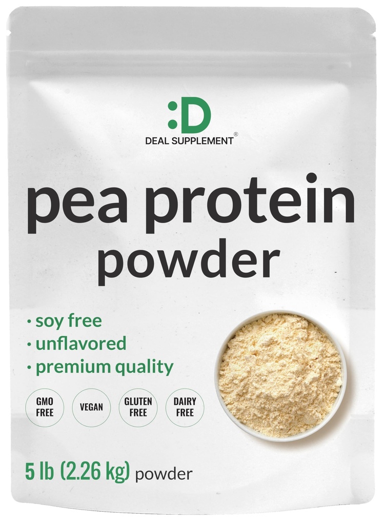 DEAL SUPPLEMENT Unflavored Pea Protein Powder, 5lbs – Premium North American Grown Peas – Easily Digested Isolate Form – Great for Shakes, Bars, or Snacks – 27g Protein Serving, Soy Free, Vegan