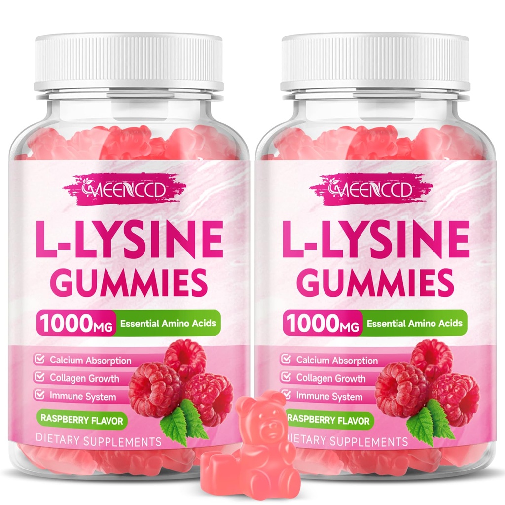 2 Συσκευασία L-Lysine 1000mg Gummies, Lysine συμπλήρωμα για ενήλικες & παιδιά, Essential Amino Acid για τα χείλη & στοματική υγεία, ενίσχυση ανοσοποιητικό & κολλαγόνο & ασβέστιο, ζάχαρη-ελεύθερο, σμέουρο άρωμα, 120 Count
