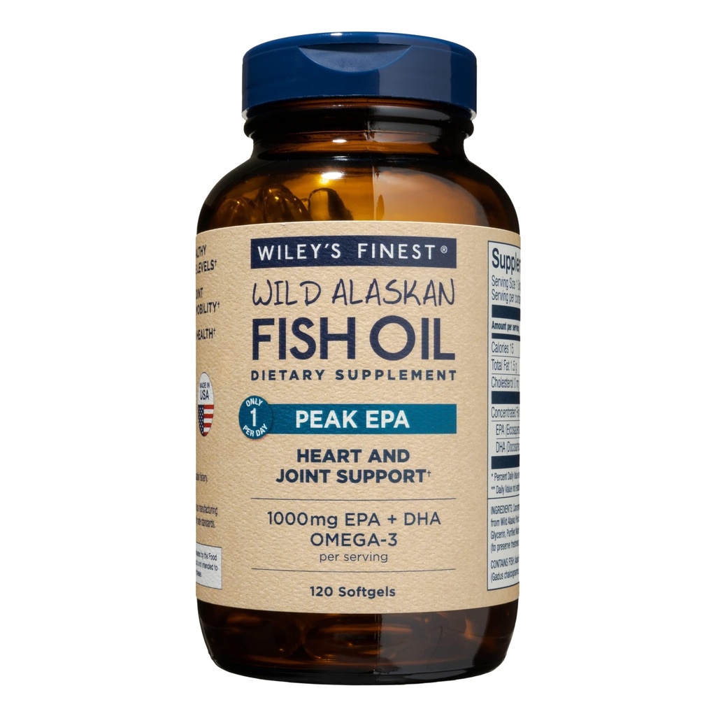Wiley's Finest Wild Alaskan Fish Oil Peak EPA - Triple Strength Peak EPA & DHA Supplement - 1000mg Fish Oil - Omega-3s for Joint Health Support - 120 Softgels (120 Services)