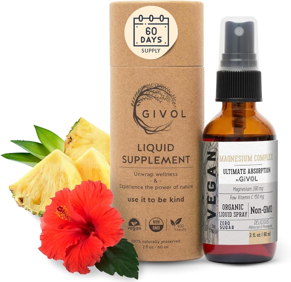 Tri Magnesium Complex - Magnesium Biglycinate, Citrate & Taurate Liquid Spray 300mg w/Raw Vitamin C for Promoting Serenity, Body Decompression - Hibiscus & Pineapple Flavor 60ml (2oz)