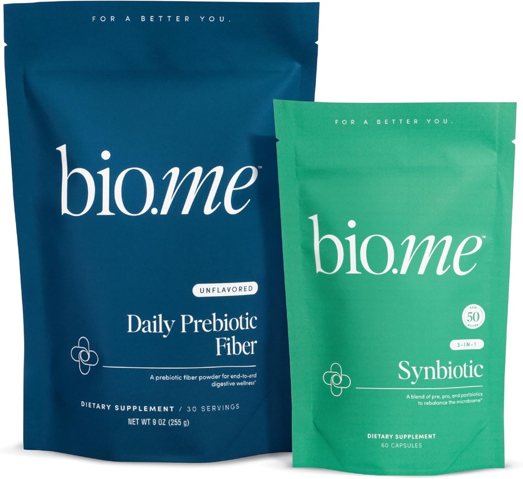 Bio.me Daily Prebiotic Fiber & Synbiotic Bundle - Fiber Powder for Digestive Health & Bloating - Pre, Pro, Postbiotic for Gut Health & Immune Support, Non-GMO, Gluten Free - 30 Μερίδες, 60 κάψουλες