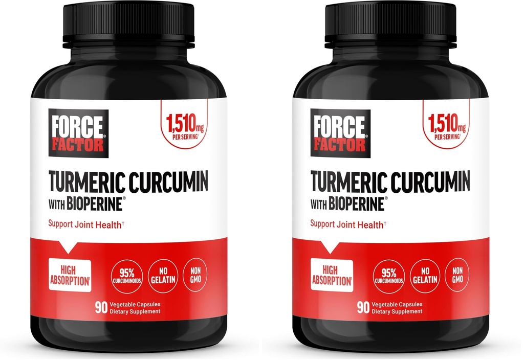 Force Factor Turmeric Curcumin Supplement with Black Pepper, Joint Support Supplement with BioPerine for Enhanced Absorption, No Gelatin, Non-GMO, 90 Capsules (Pack of 2)