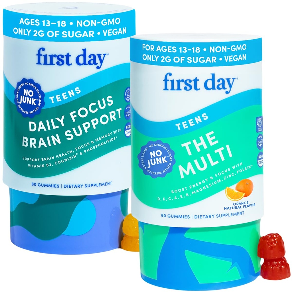 FIRST DAY Teens Apple Brain Focus Gummies & Orange Multivitamin Gummies | Daily Nutrients, Immunity, Mood, & Focus | Clean Label Project Verified® | Vegan | 30-Day Supply