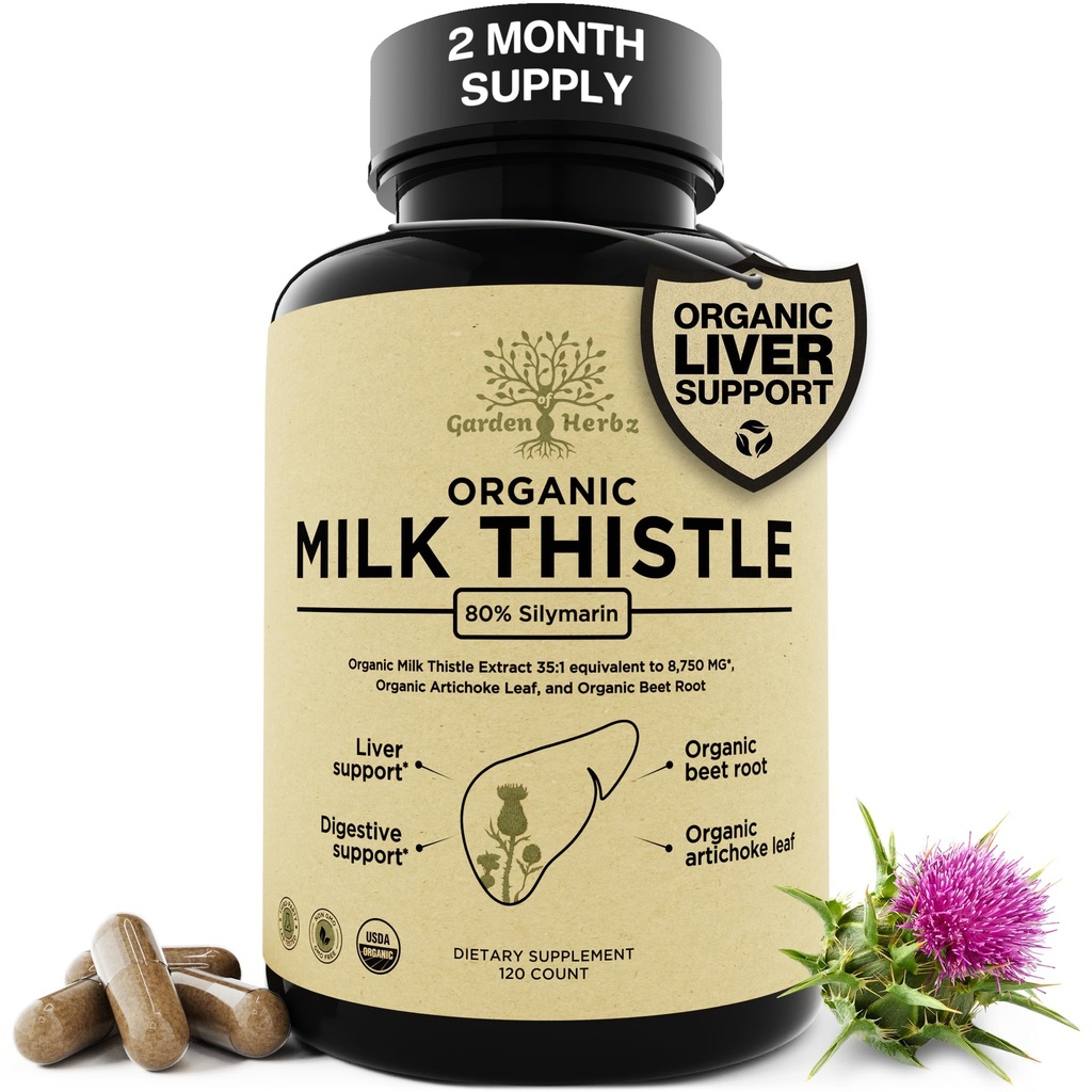 USDA Organic Milk Thistle Liver Detox Silymarin 80%, 250 mg με Beet Root & Artichoke Extract για ηπατική υποστήριξη & πέψη, Κατασκευασμένο στις ΗΠΑ, 120 κάψουλες (2 Μήνες προσφοράς)