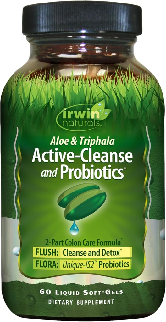 Irwin Naturals Aloe & Triphala Active Cleanse + Probiotics - 60 Liquid Softgels - Φυσικό Diestive Support - Απαλή, Αποτελεσματική Αποτοξίνωση + Αποβολή 2 Μέρη φροντίδας του παχέος εντέρου - Nourish + Ισορροπία