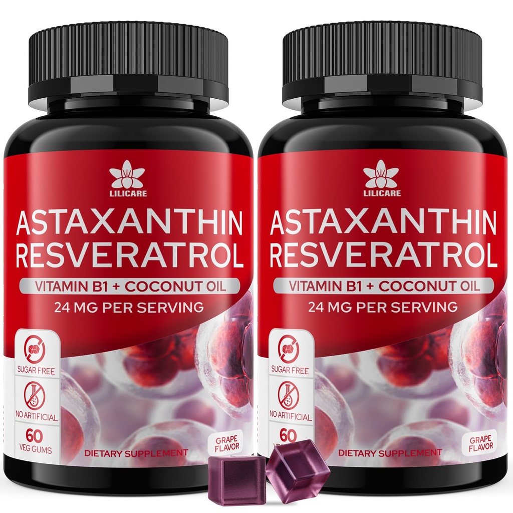 Astaxanthin Supplements 24mg Gummies with Resveratrol, Vitamin B1, Coconut Oil - Algae Organic Antioxidants for Men & Women Healthy Aging, Skin, Eyes, Immune - Vegan, Sugar-Free, Non-GMO, 120 Servings