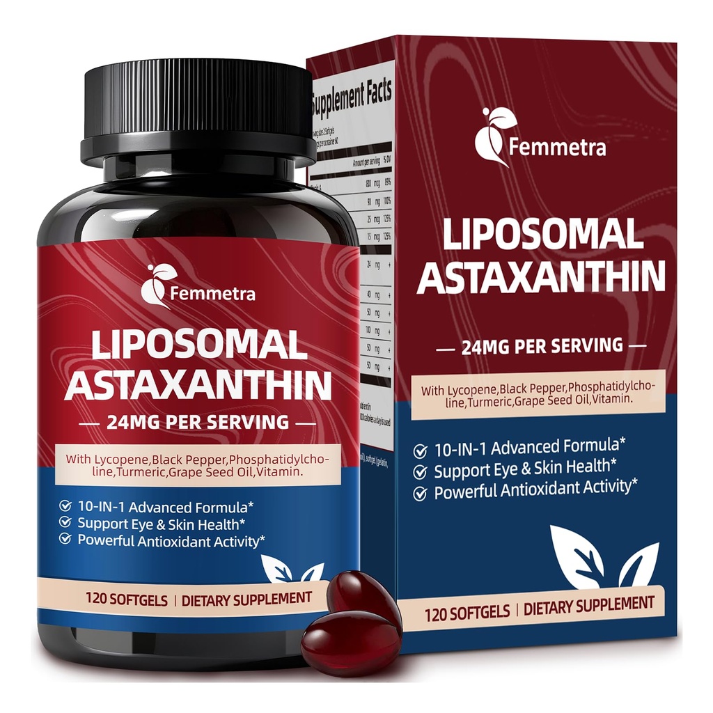 Liposomal Astaxanthin 24mg Supplements with Lycopene for Skin & Eye Health Support, 10-in-1 Max Strength Astaxanthin Antioxidant Supplement, Fresh Microalgae Source, Non-GMO, 120 Softgels