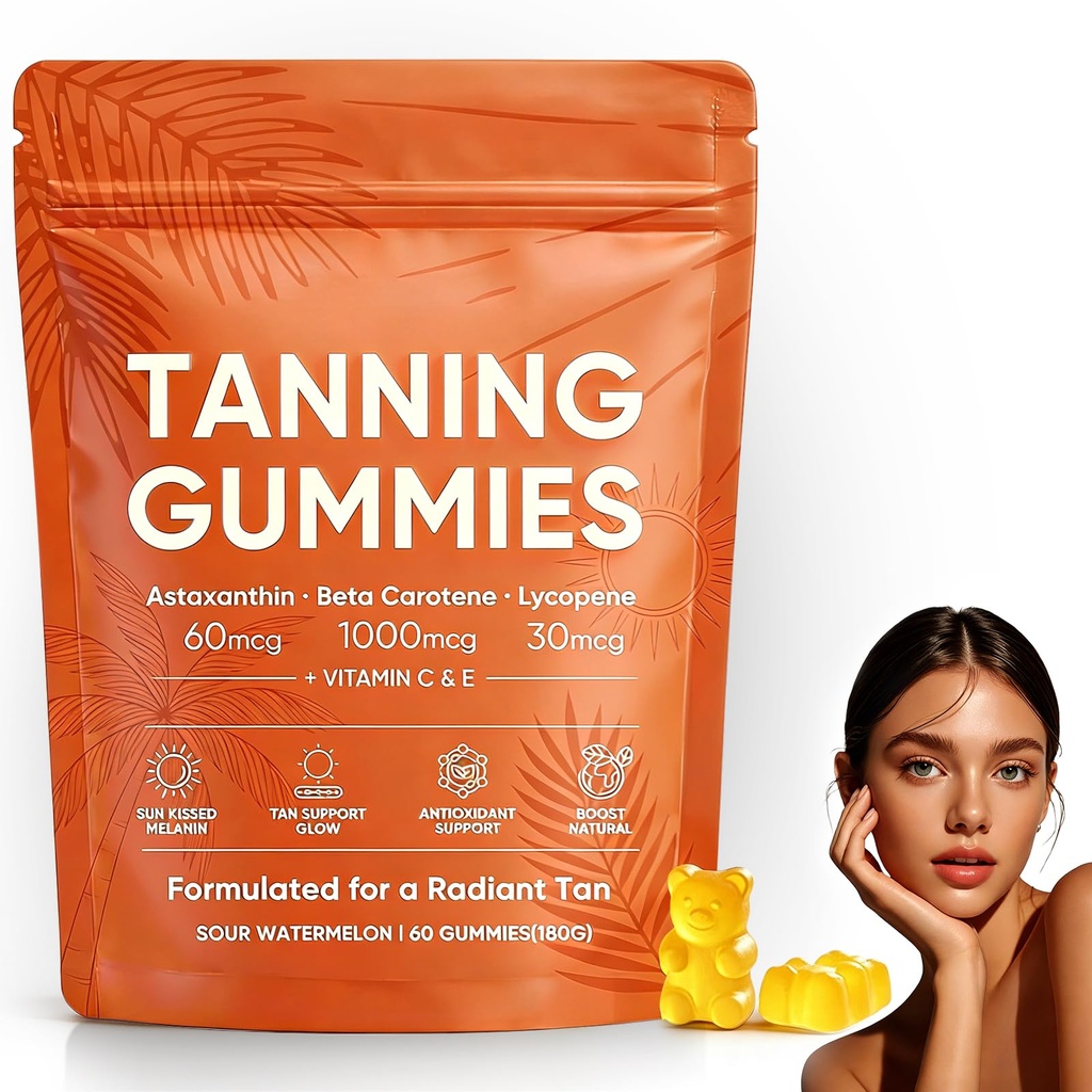 2026 New Skin tanning gummies for women, Astaxanthin, Beta Carotene & Lycopene Blend with Vitamins C & E, Radiant Healthy Skin, Sour Watermelon Flavor, Vegan & Sugar-Free, 60 Count.
