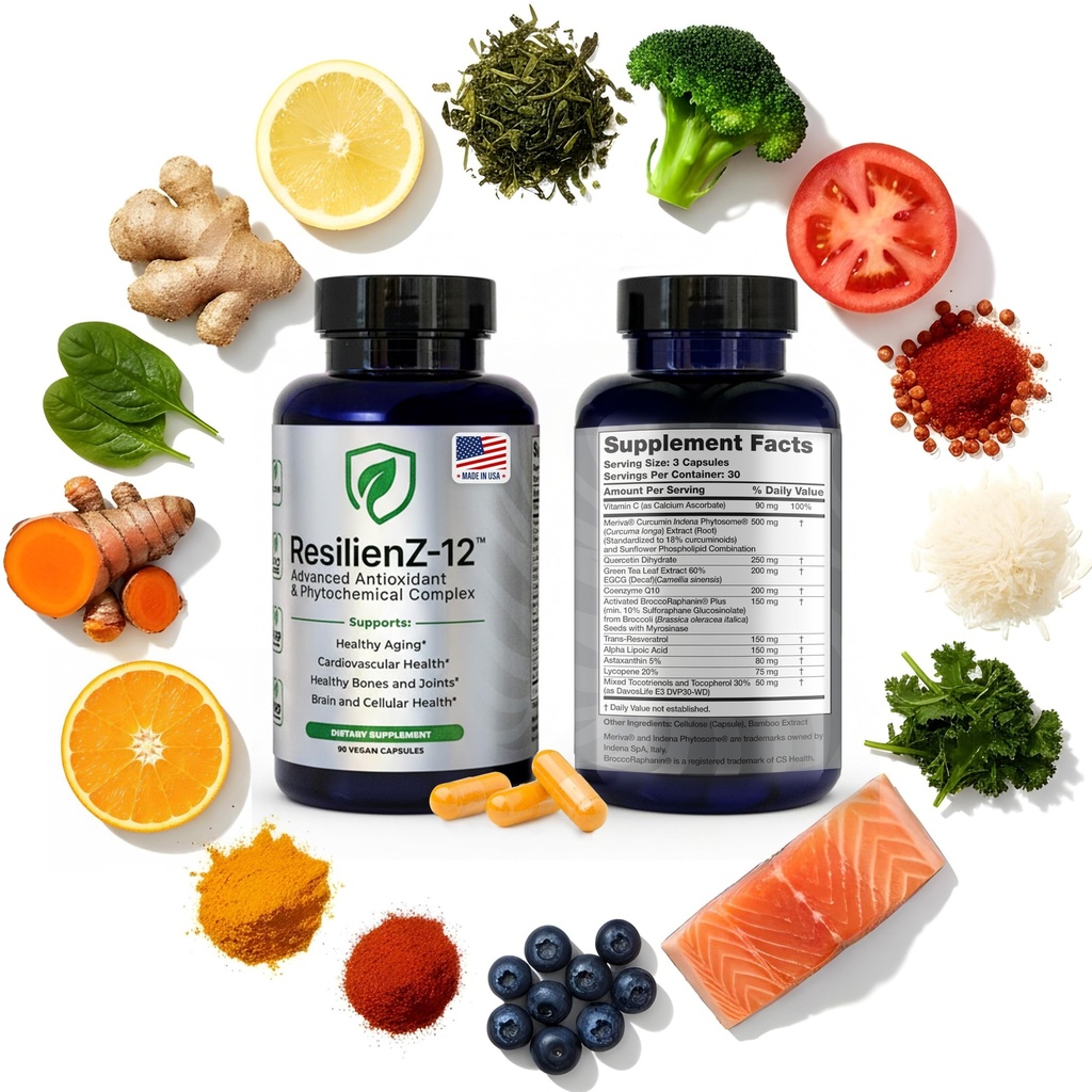 ResilienZ-12 — Longevity Supplement Stack | 12-in-1 Daily Healthy Aging Formula | Meriva Curcumin, Sulforaphane, CoQ10, Resveratrol, EGCG, Astaxanthin | Dietitian-Formulated | Vegan, Non-GMO