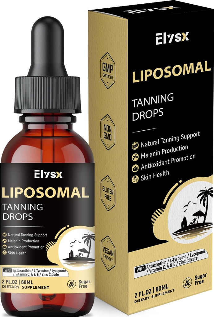 Liposomal Tanning Drops to Drink, Drinkable Liquid Astaxanthin 24mg with Lycopene, L-Tyrosine & Vitamins, Natural Tanning Support & Skin Health, Lemon Flavor, Sugar Free, 2 FL OZ
