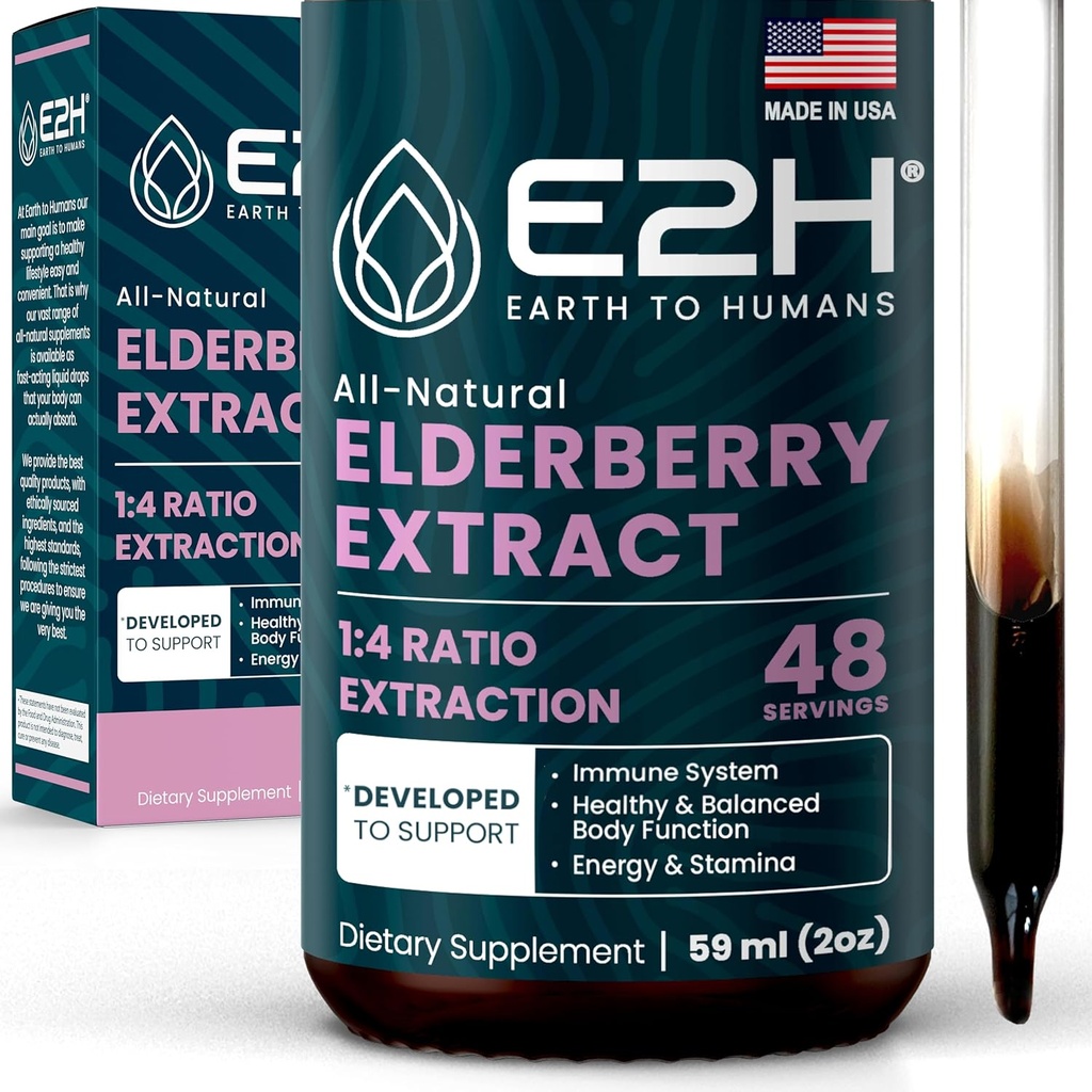 E2H Syrup Elderberry - Ισχυρό συμπλήρωμα αντιοξειδωτικών από το εκχύλισμα οργανικών βακτηρίων Elderberry - Sambucus Syrup Elderberry για παιδιά & ενήλικες για ανοσοποιητική υποστήριξη - Μη ΓΤΟ, Vegan - 2 Fl Oz