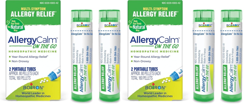 Boiron AllergyCalm On the Go for Relief from Allergy and Hay Fever Symptoms of Sneezing, Runny Nose, and Itchy Eyes or Throat - (160 Pellets), (Pack of 4)