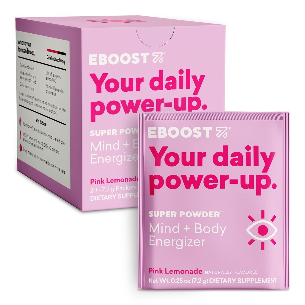 EBOOST Energy Drink & Electrolyte Powder, 20 Packets - Super Powder Pink Lemonade με Χωρίς Προστιθέμενη Ζάχαρη - Απαραίτητη ανάμειξη βιταμινών, Nootropics & Natural Caffeine and Hydration - Pre & Post προπόνηση