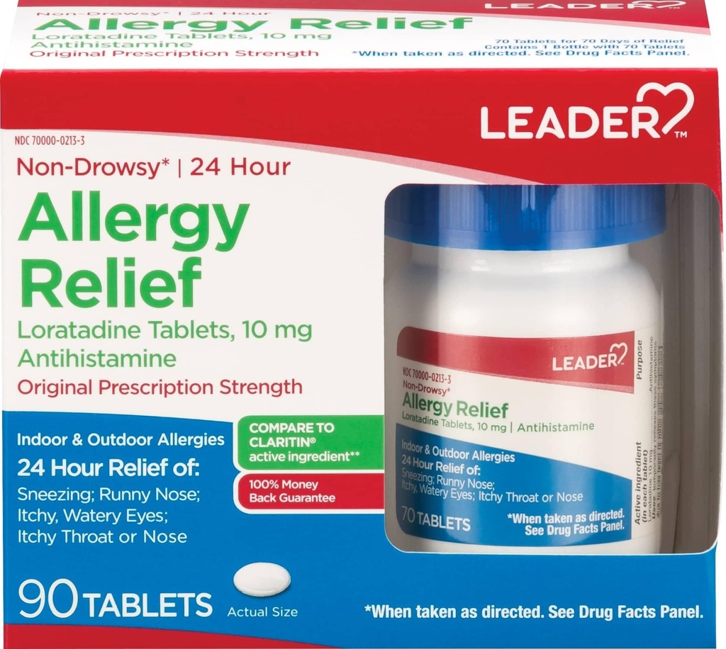 Leader 24 Hour Allergy Relief, Non-Drowsy, Loratadine 10mg, Antihistamine, Original Prescription Strength, Sinus Relief, Indoor and Outdoor, Counteract Allergy, 90 Tablets