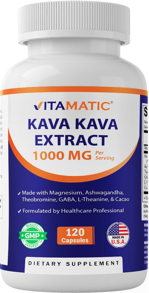 Vitamatic Kava Kava 1000mg with Magnesium, Ashwagandha, GABA, Theobromine, L-Theanine & Cacao – 120 Veg Caps – Kavalactones for Mood, Stress & Sleep Support.