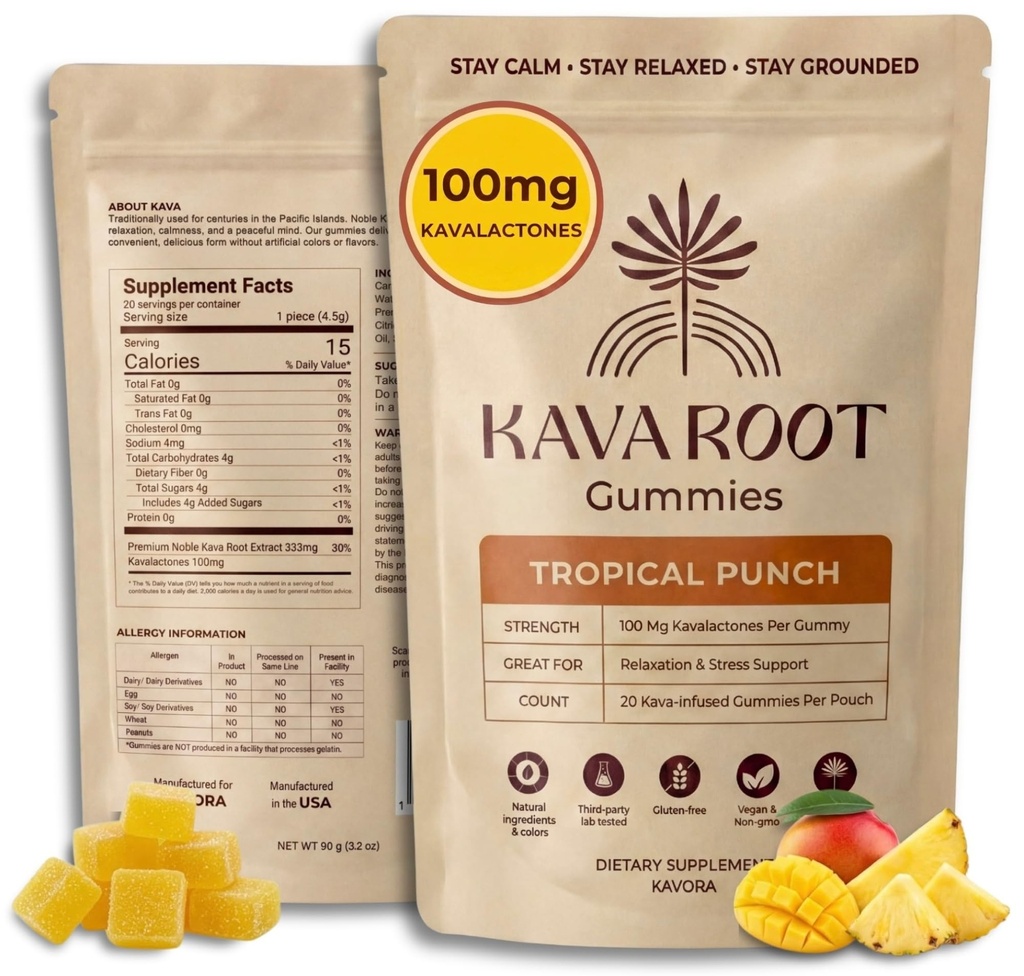 Kava Gummies 100mg Kavalactones Per Gummy – Premium Noble Kava Extract Supplement for Relaxation & Stress Support – Vegan, Non-GMO, Gluten-Free – Tropical Punch – 20 Count