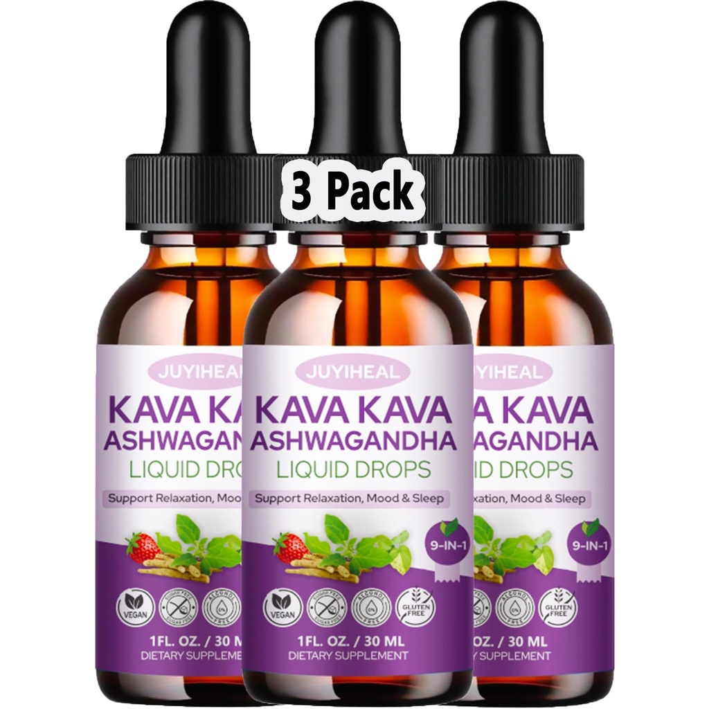 3 Pack Kava Kava Root Extract Supplement, High Concentration Kava with Ashwagandha, Lemon Balm, Valerian Root, Magnesium for Relaxation, Cognitive Support and Immune System, 1 Fl Oz