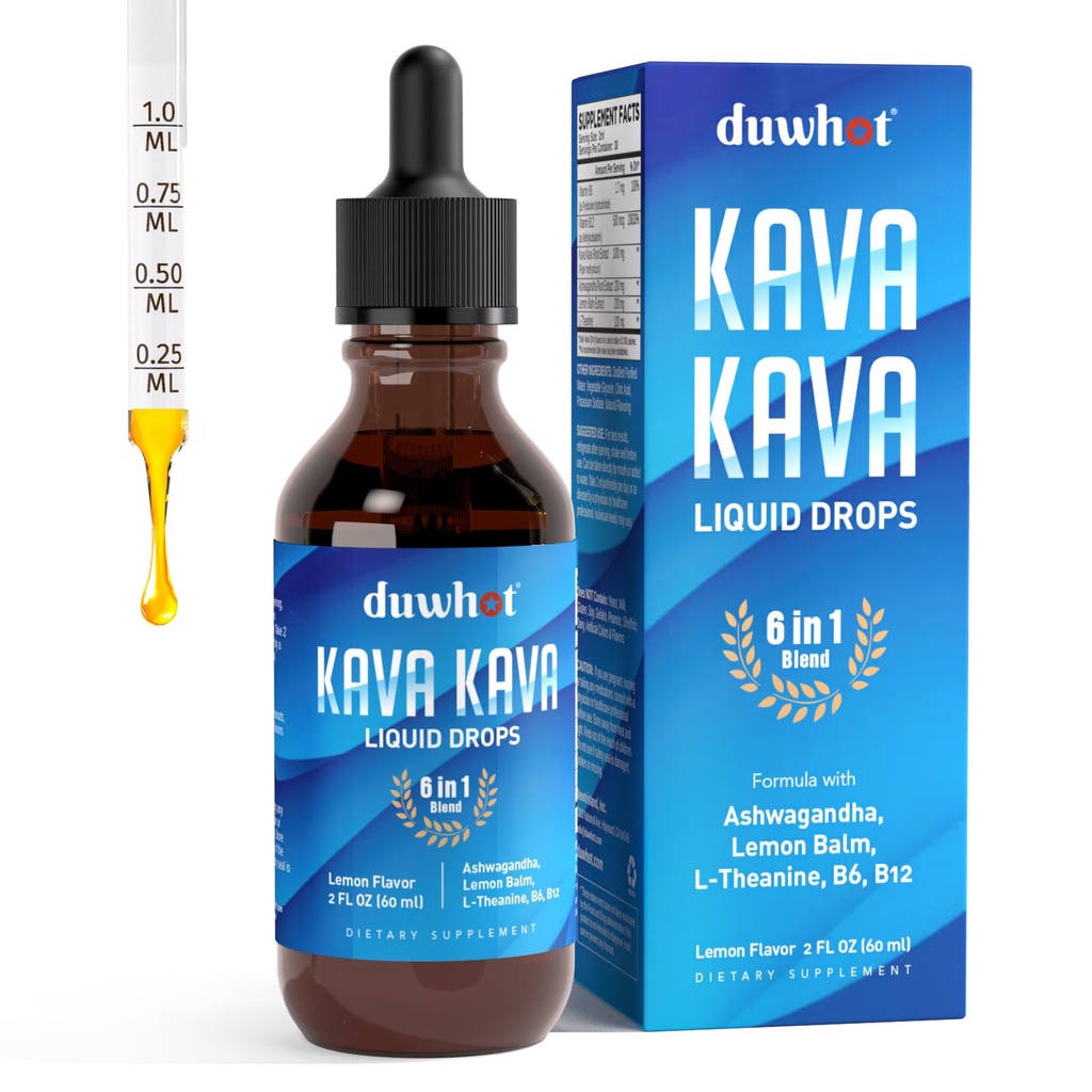 duwhot Kava Kava Extract Liquid Drops with Ashwagandha Lemon Balm L-Theanine, High Potency Kava Root Extract Tincture Supplement for Relaxation, 2 Fl Oz