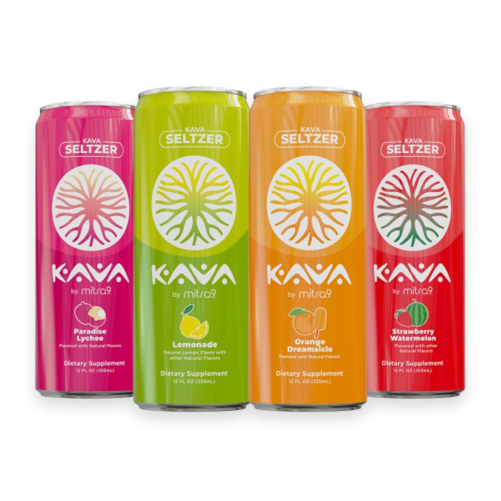 Mitra9 | Variety Pack Kava Seltzer - Sparkling Relaxation Drink | 4-Pack | Non-Alcoholic Alcohol Alternative | 500mg Kava Root Extract | Low Calorie, Plant Based Stress Relief & Calm | 12 fl oz Cans