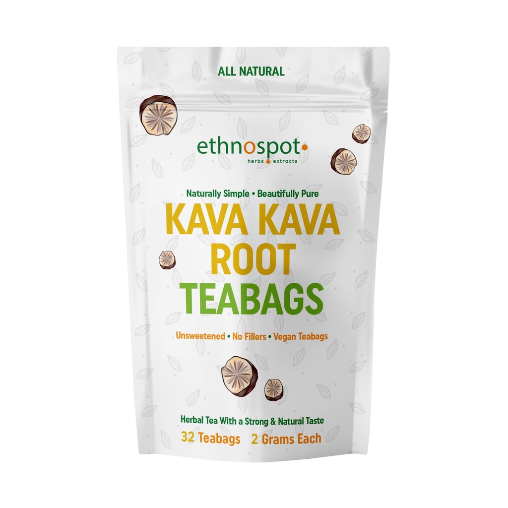 Kava Kava Root Teabags - Kava Kava Tea Pure - 100% Natural Herbal Tea for Stress Support Relaxation Improves Mood and Nervous System - Feel Happy Tea - 2 Gram Teabags - 32 Vegan Teabags