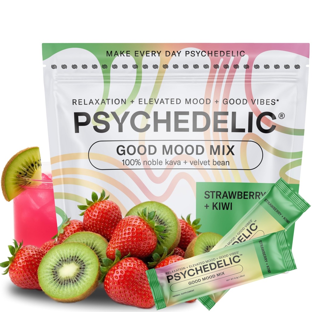 Psychedelic Water Calming Kava Drink Mix - Kava kava Flavored Drink Mix - Easy Open Single-Serving - Flavored Kava - Mucuna Pruriens - Stevia - Adaptogen Mocktails - 14 Sticks - Strawberry Kiwi