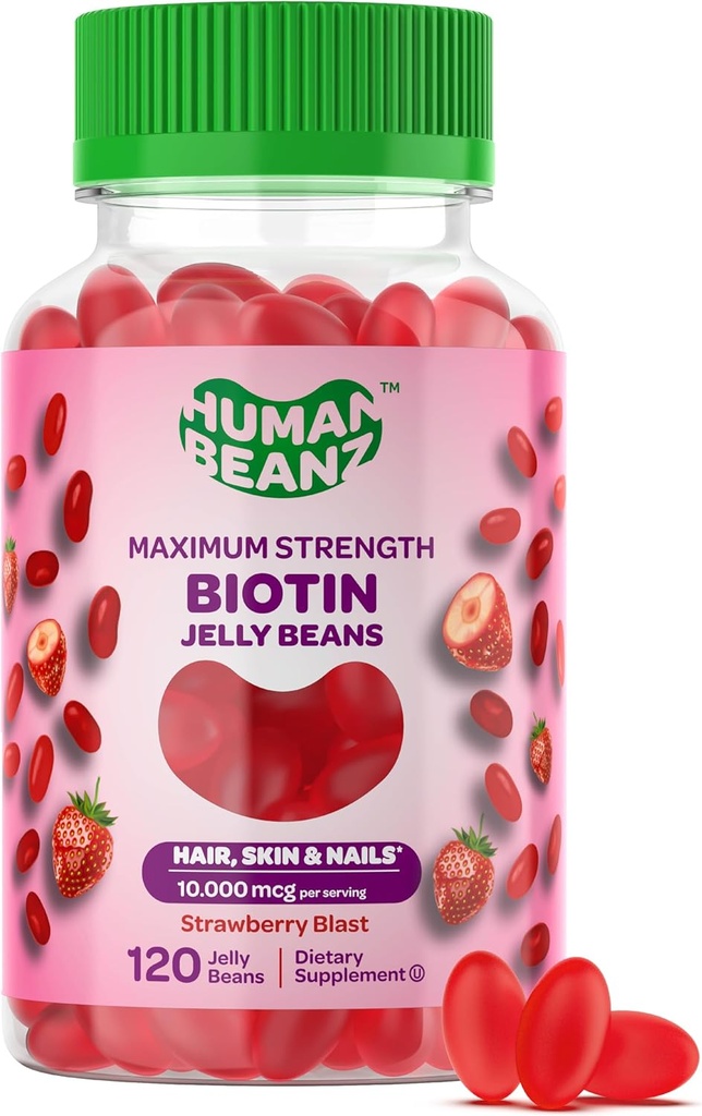 Biotin Jelly Bean Gummy Βιταμίνες, Max δύναμη Βιοτίνη για τα μαλλιά, το δέρμα και τα νύχια, 10.000mcg ανά Σερβίρισμα, Βιταμίνες για την ανάπτυξη των μαλλιών για άνδρες και γυναίκες, 120 φράουλα Blast Jelly Beans, Kosher