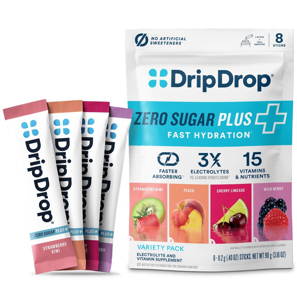 DripDrop Zero Sugar Plus - Sugar Free Hydration Packets - Single Serve Electrolytes Powder Drink Mix - Strawberry Kiwi, Peach, Cherry Limeade, Wild Berry - Non-GMO, Vegan - 8 Sticks