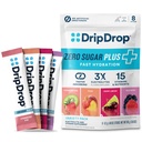DripDrop Zero Sugar Plus - Sugar Free Hydration Packets - Single Serve Electrolytes Powder Drink Mix - Strawberry Kiwi, Peach, Cherry Limeade, Wild Berry - Non-GMO, Vegan - 8 Sticks