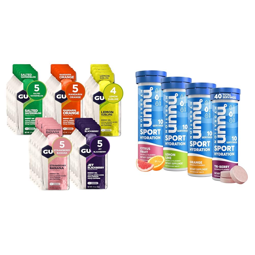 GU Energy Original Sports Nutrition Energy Gel, 24-Count, Assorted Fruity Flavors & Nuun Sport Electrolyte Tablets for Proactive Hydration, Mixed Citrus Berry Flavors, 4 Pack (40 Servings)