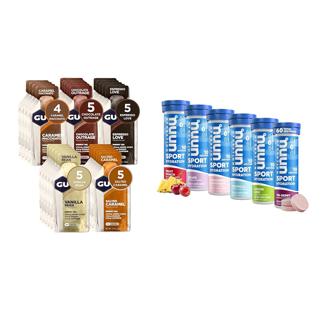 GU Energy Original Sports Nutrition Energy Gel, Vegan, Gluten-Free, Kosher & Nuun Sport Electrolyte Tablets for Proactive Hydration, Variety Pack, 6 Pack (60 Servings)