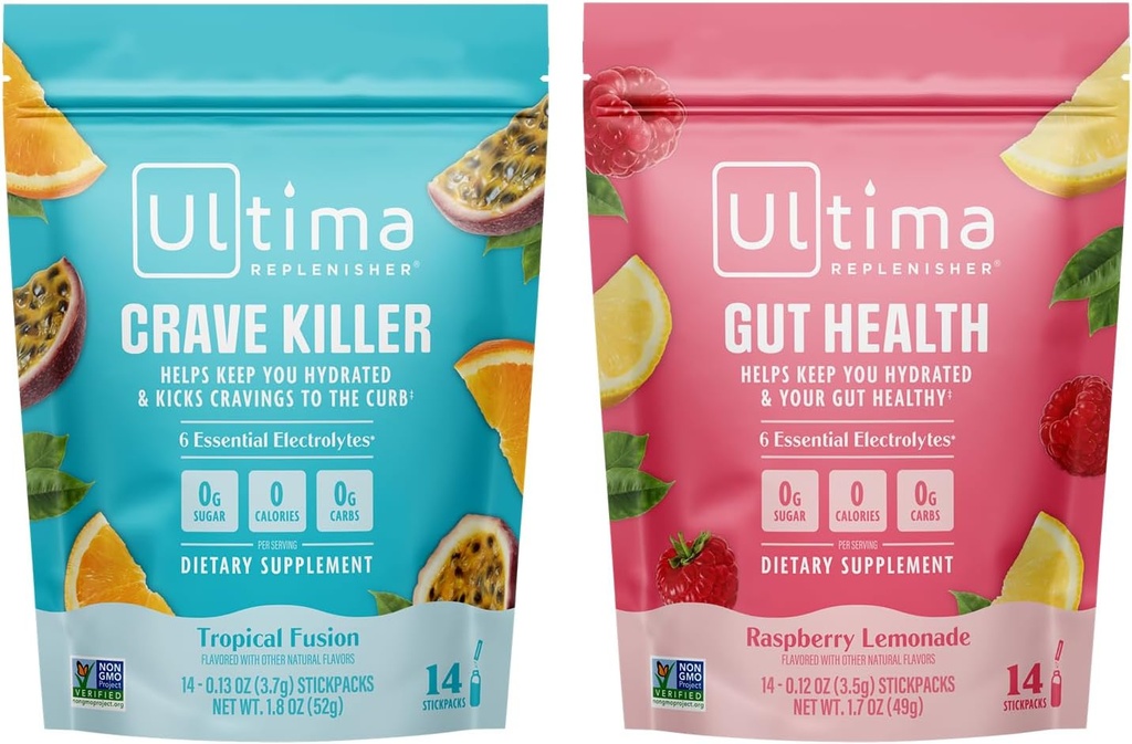 Ultima Replenisher Ηλεκτρολύτης Σκόνη Mix Bundle – Χωρίς ζάχαρη – Crave Killer and Gut Health, 14 Stickpacks – 6 Ηλεκτρολύτες και Ορυκτά – Keto Friendly, Vegan, Non-GMO