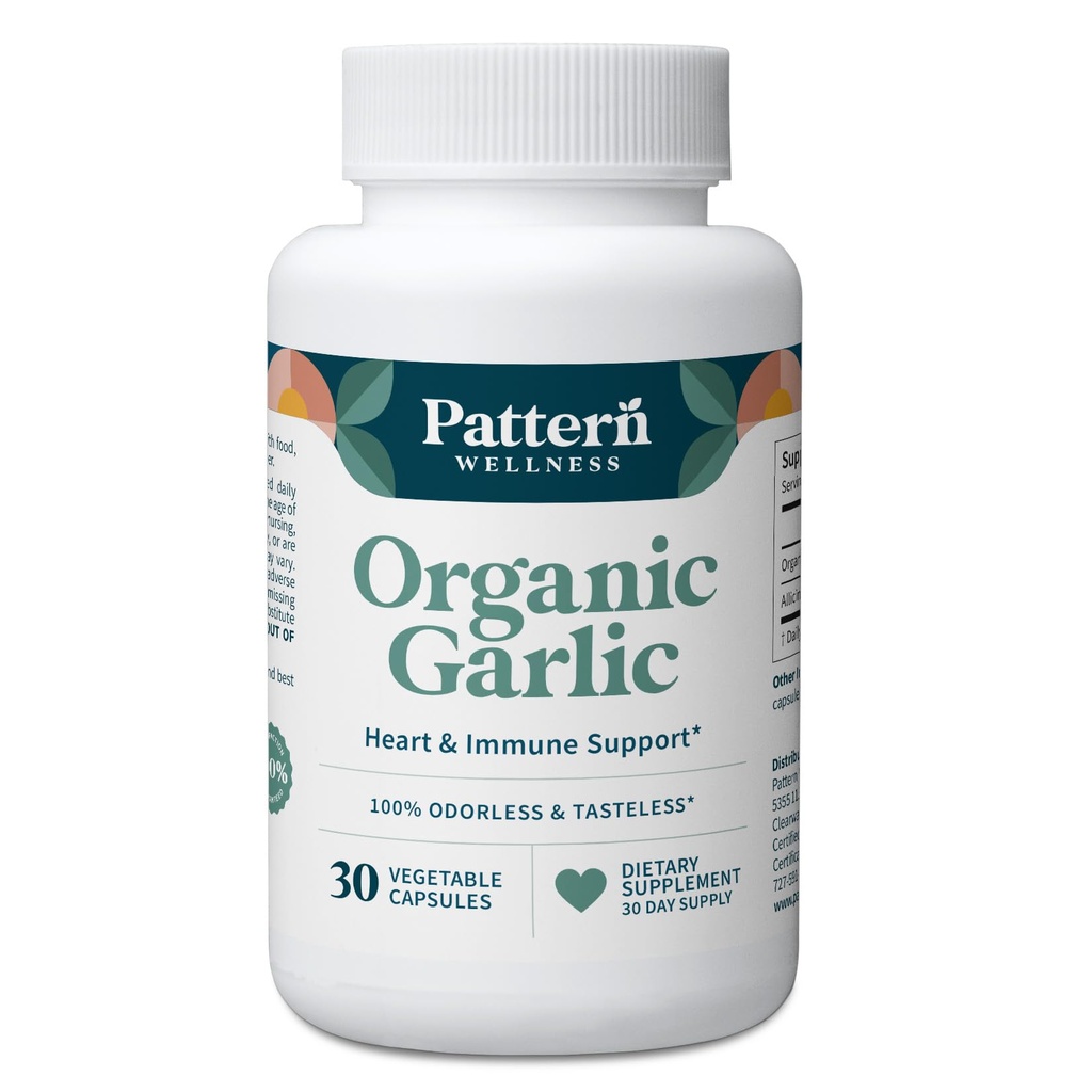 Pattern Wellness Odorless Organic Garlic Extract 20:1 with Allicin – Supports Circulatory & Immune Health – Non-GMO, Gluten Free, Vegan - 30 Capsules